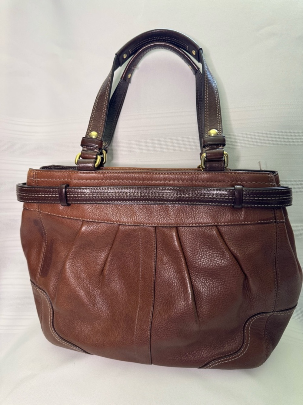 Coach Brown Pebble Leather Satchel with Brass Accents - Picture 2 of 5